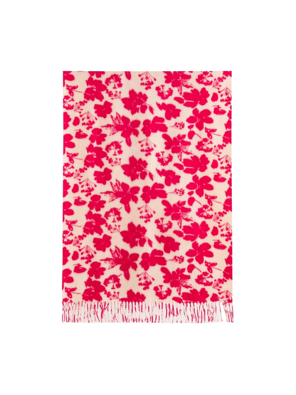 Pink and cream rectangular floral scarf with fringed ends