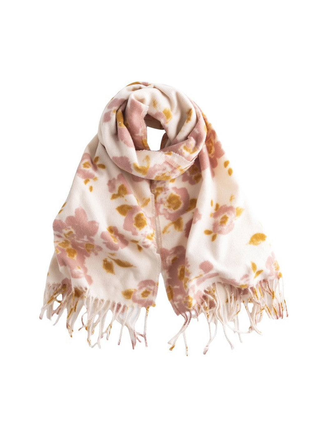 Pink and mustard floral scarf with fringed ends