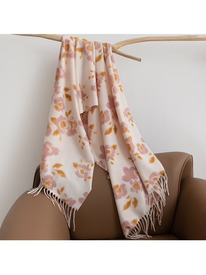 Pink and mustard floral scarf hanging in a full-length drape