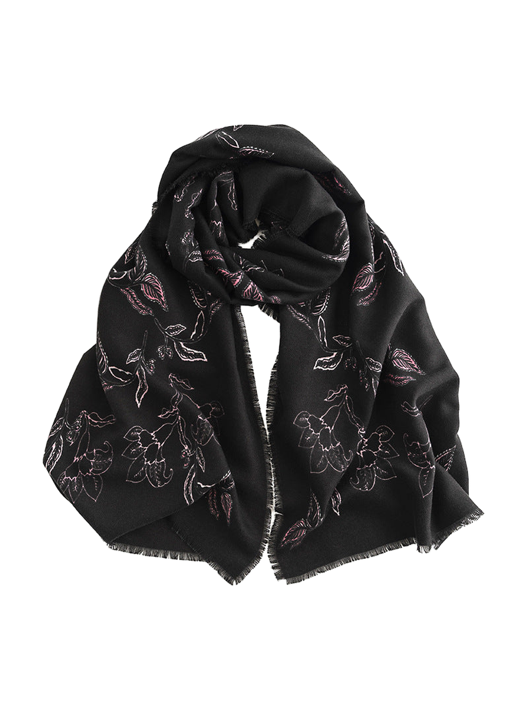 Black scarf with pink outlined floral and leaf motifs, draped view