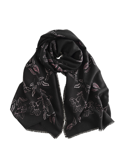 Black scarf with pink outlined floral and leaf motifs, draped view
