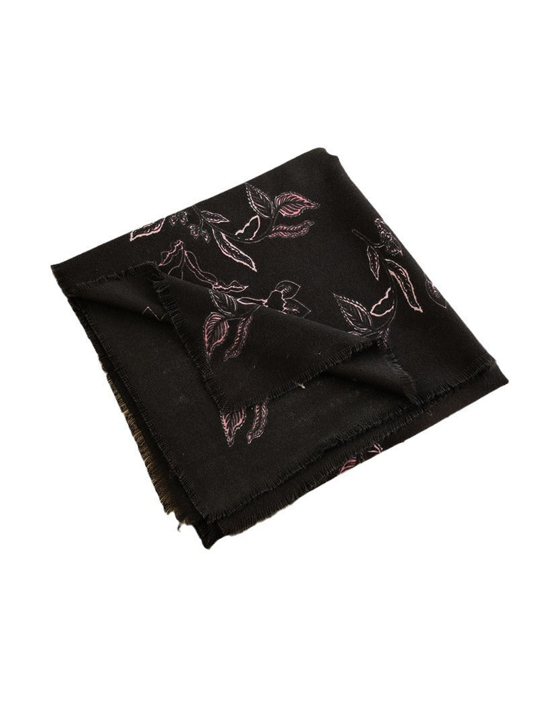 Folded black scarf with pink outlined floral and leaf motifs