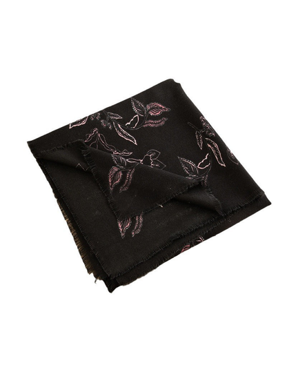Folded black scarf with pink outlined floral and leaf motifs
