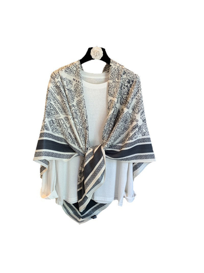Ivory and navy city map print square scarf with striped border, tied display