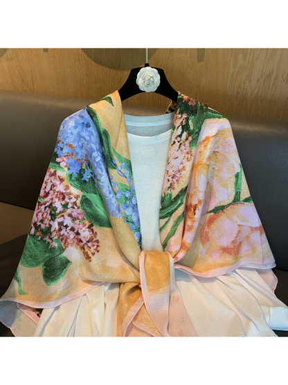 Close-up of the floral scarf tied over a white top