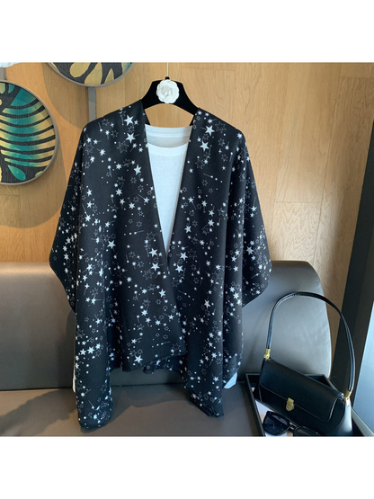 Black star-print rectangular scarf, full front view