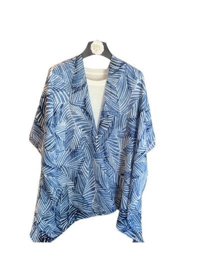 Blue scarf with an overlapping leaf-and-stripe pattern