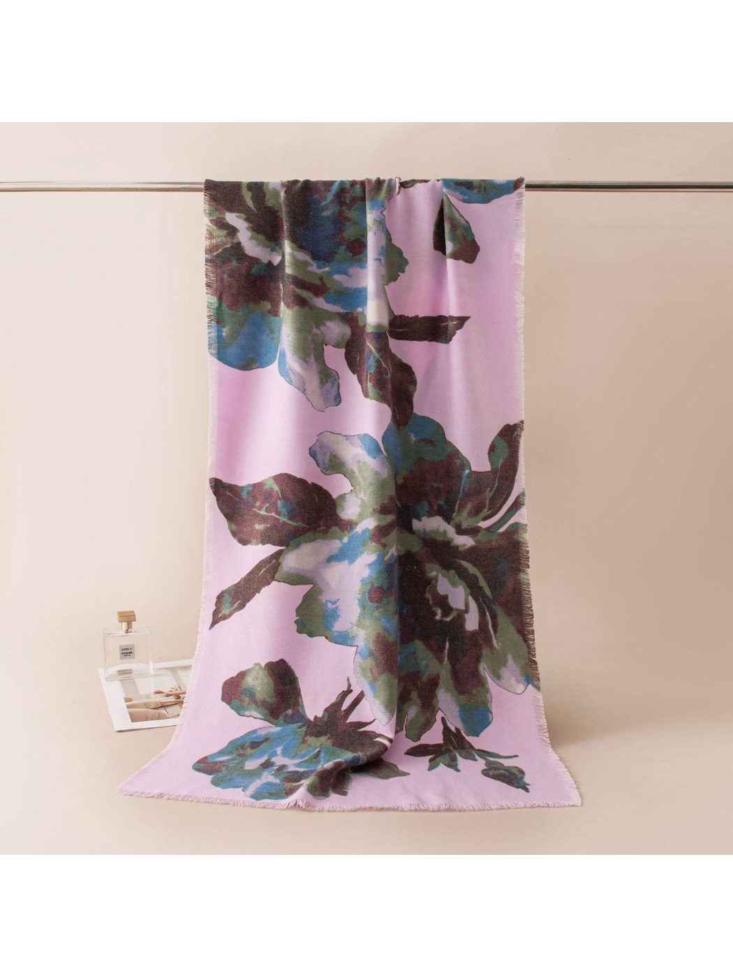 Purple scarf with oversized abstract floral print, full-length draped view