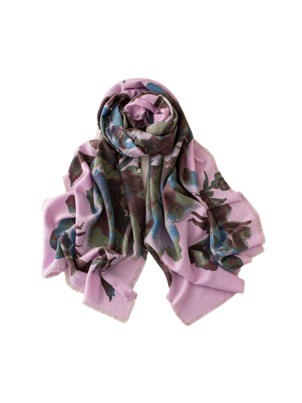 Purple abstract floral scarf arranged to show its drape and fringed edges