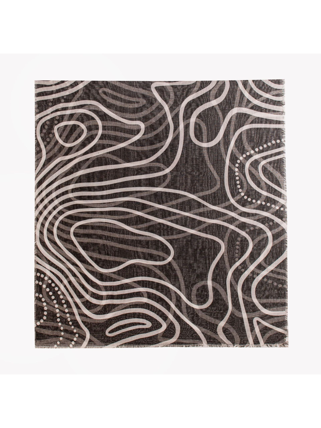 Black rectangular scarf with abstract wavy contour lines and dotted accents