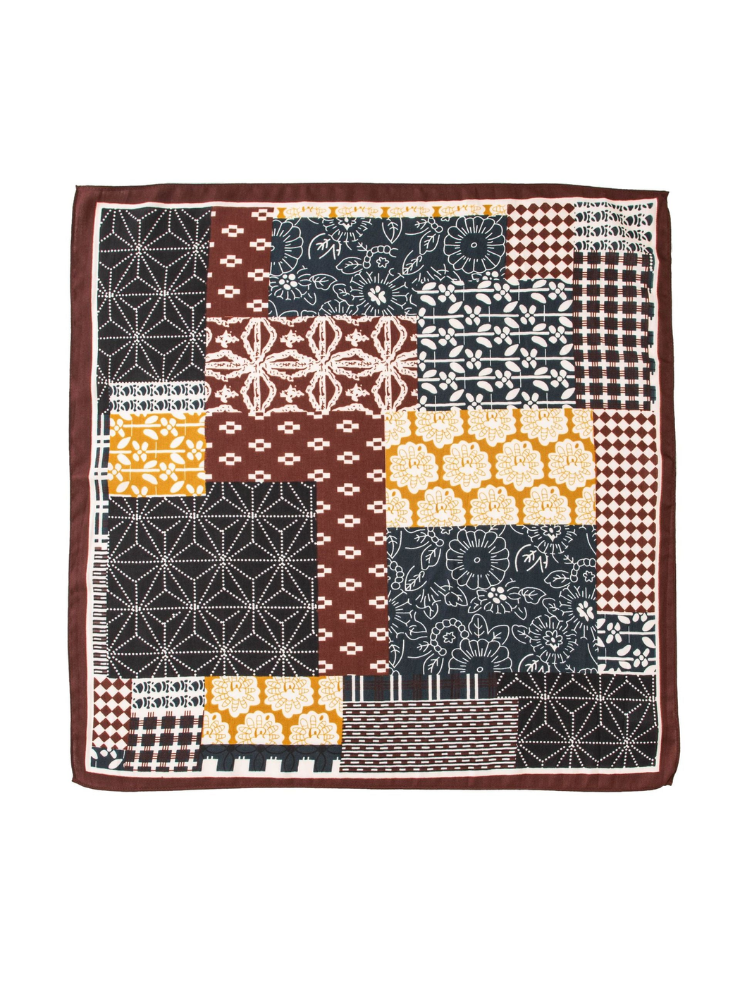 Brown, mustard and black patchwork square scarf, full flat view