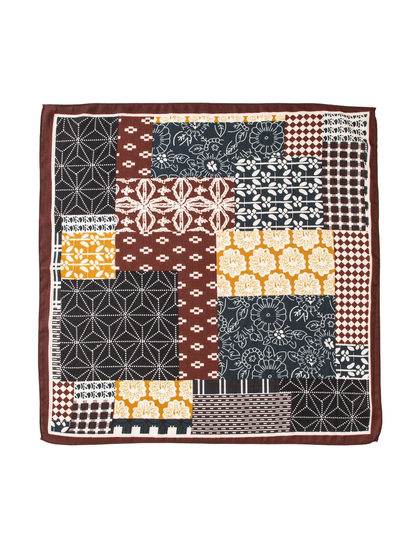 Brown, mustard and black patchwork square scarf, full flat view