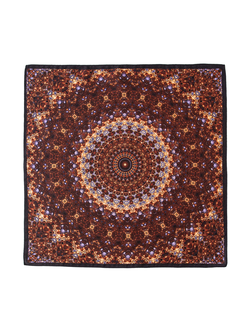 Brown square scarf with concentric geometric medallion print, full view