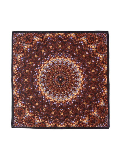 Brown square scarf with concentric geometric medallion print, full view