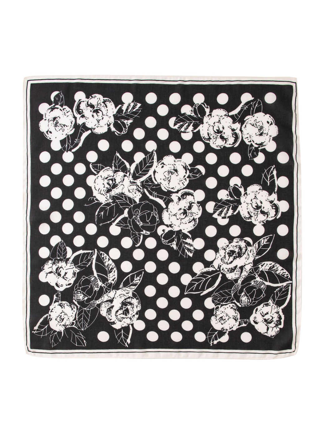Black square scarf with white polka dots, floral motifs and a white border