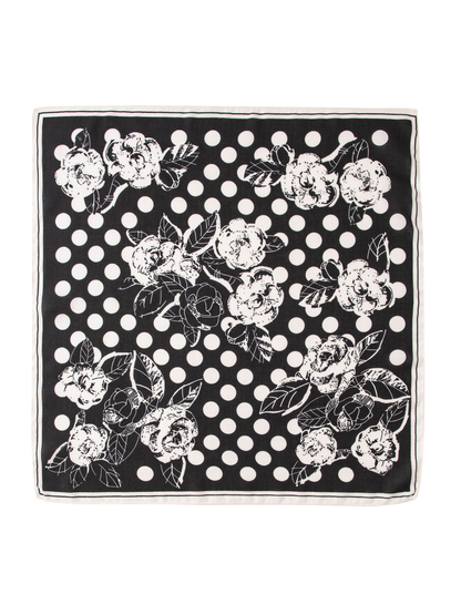 Black square scarf with white polka dots, floral motifs and a white border