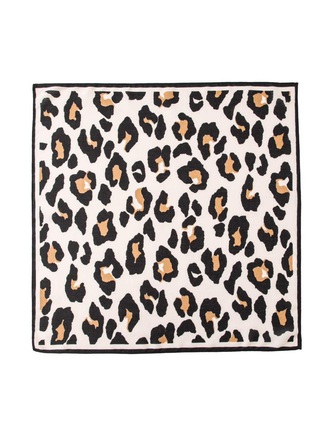 Black, tan and ivory cow print square scarf laid flat with black border