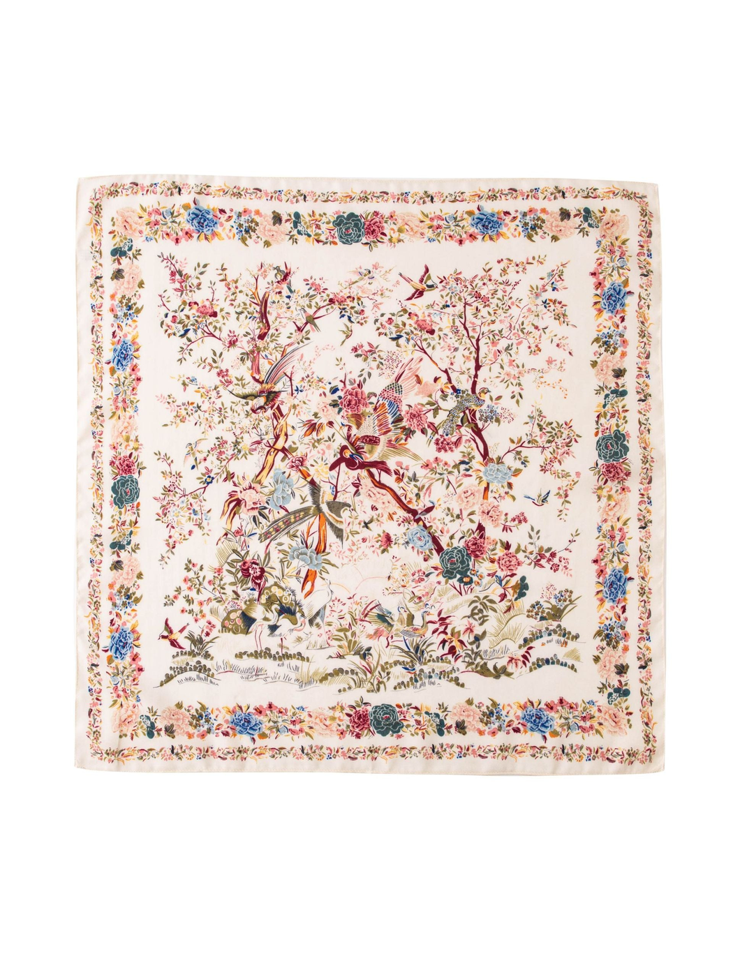 Ivory square scarf with colorful birds, flowering branches and a floral border