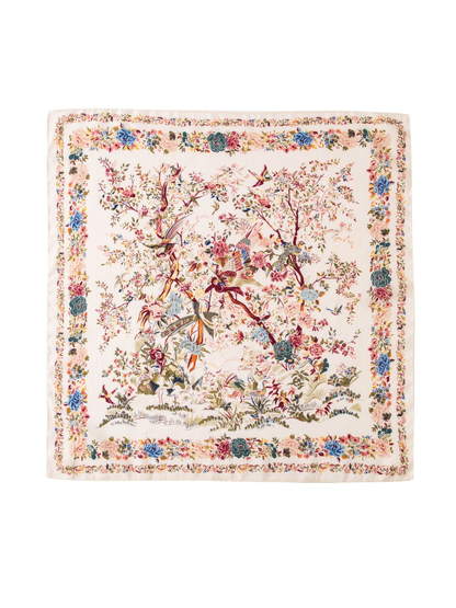 Ivory square scarf with colorful birds, flowering branches and a floral border