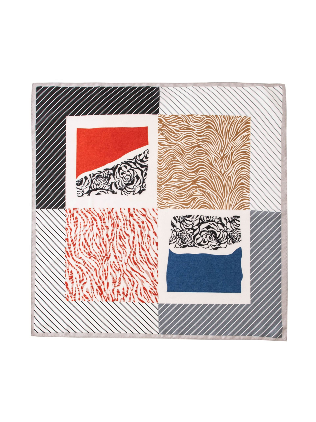 Multicolor square scarf with striped, wavy and floral patchwork, flat view