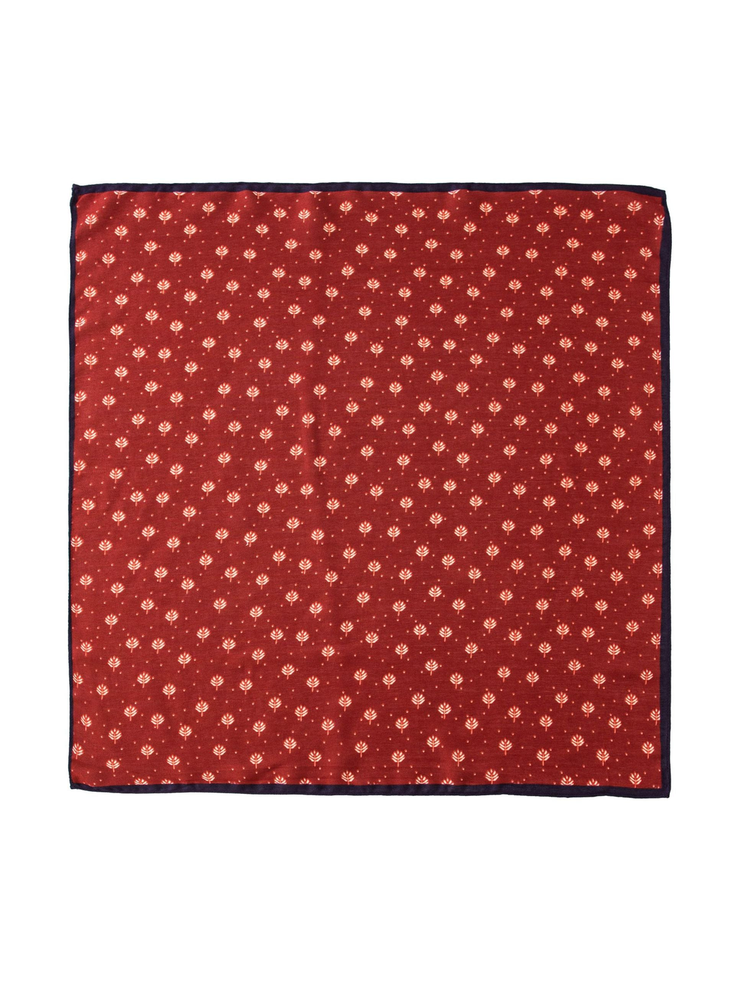 Red square scarf with cream leaf motifs and navy border, flat view