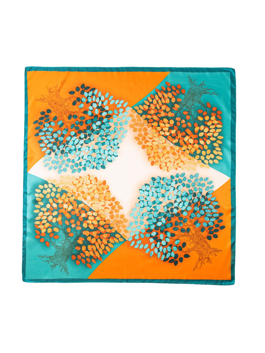 Multicolor square scarf with stylized trees and geometric color blocks