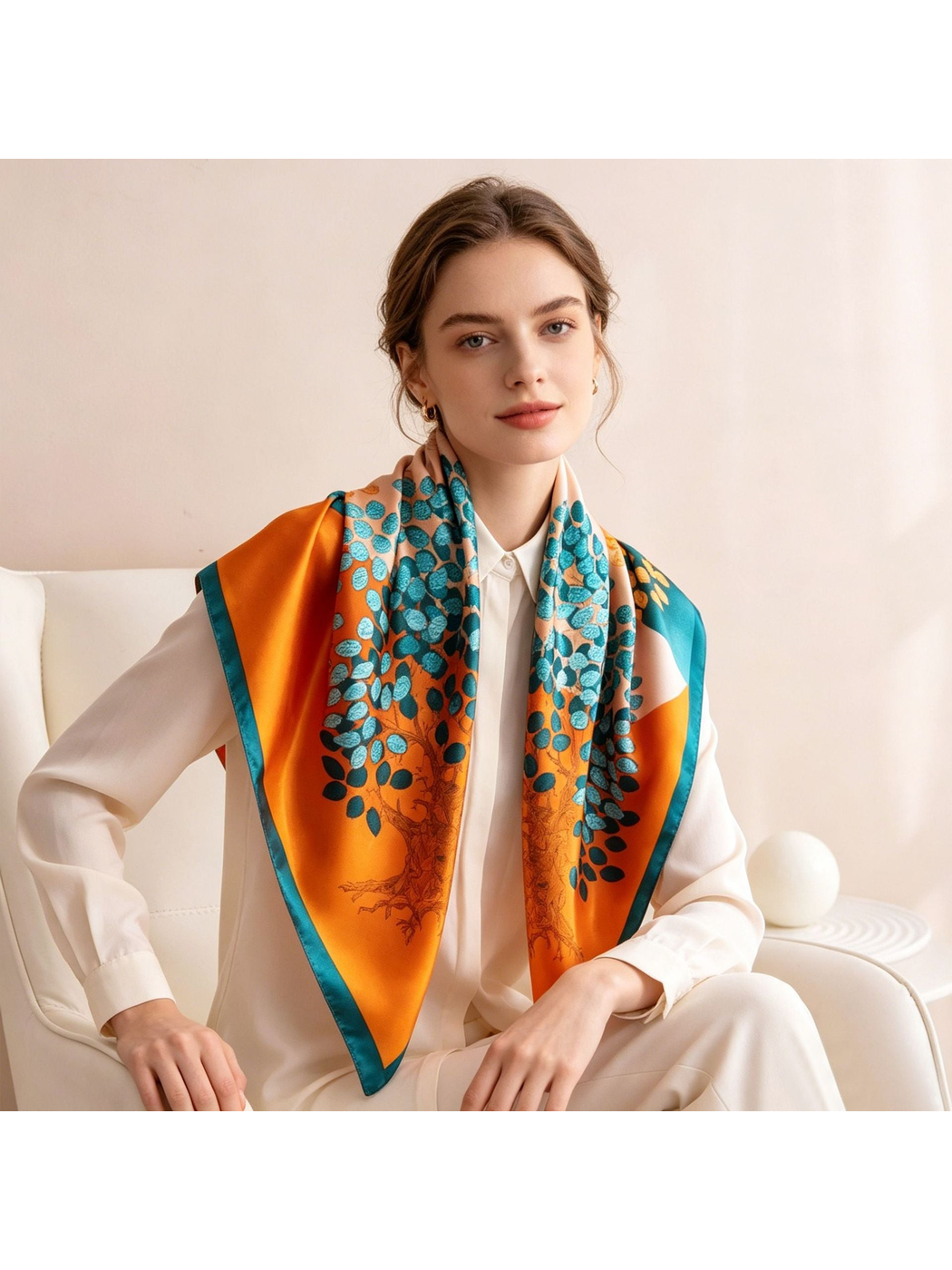 Multicolor square scarf styled over a white blouse