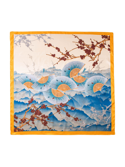 Square scarf with blue mountains, folding fans, blossom branches and gold-tone border
