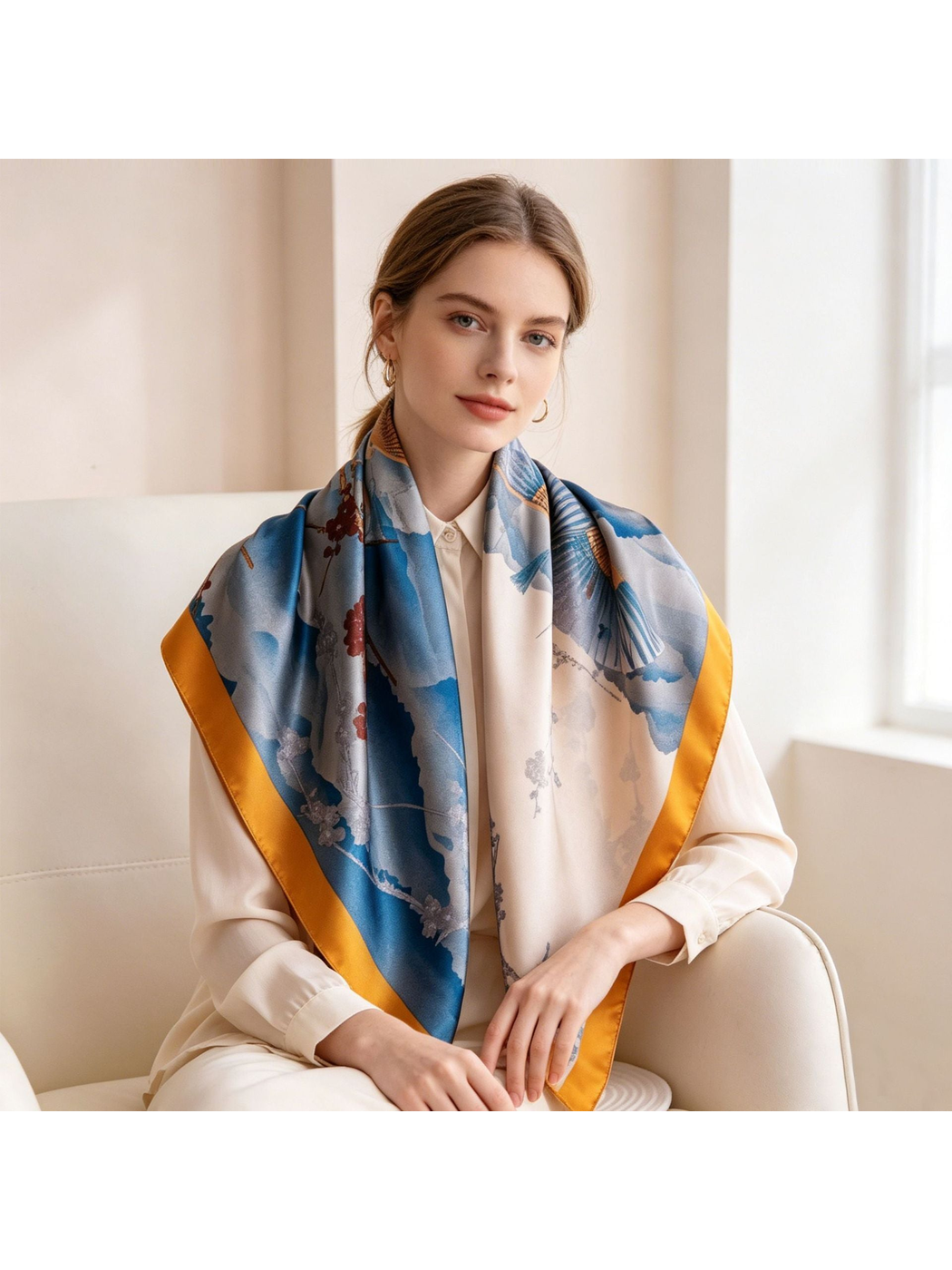 Blue, ivory and gold-bordered square scarf styled over a white blouse
