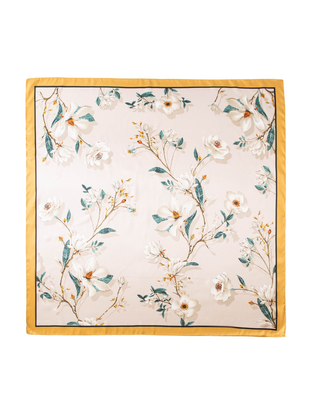 Blush square scarf with white floral branches, teal leaves and a gold border