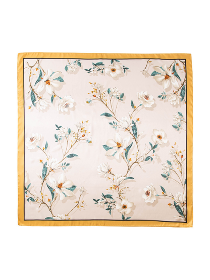 Blush square scarf with white floral branches, teal leaves and a gold border