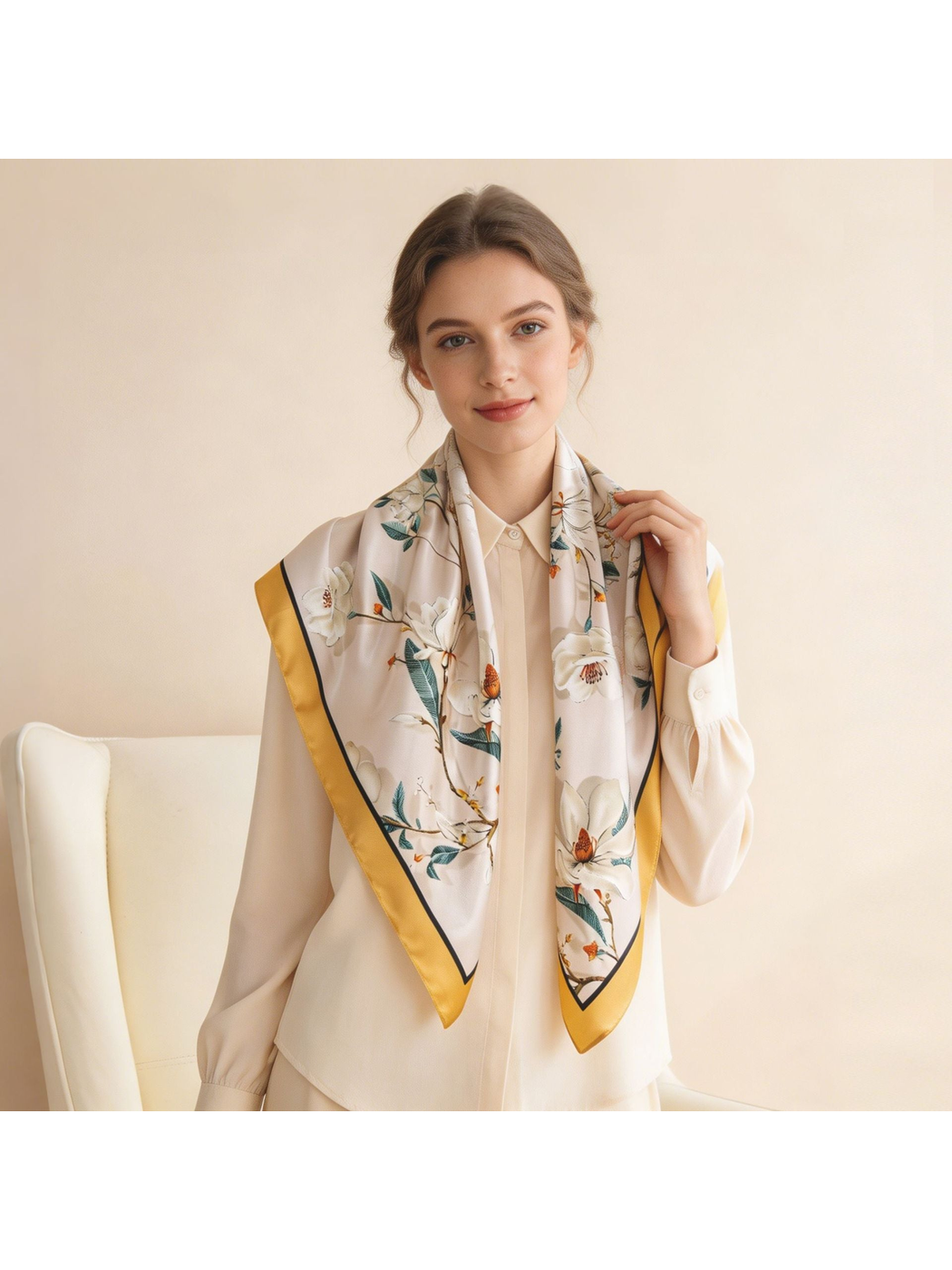 Blush floral square scarf with gold border styled over a cream blouse