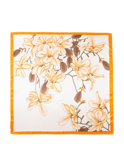 Orange-bordered square scarf with large floral print, full view