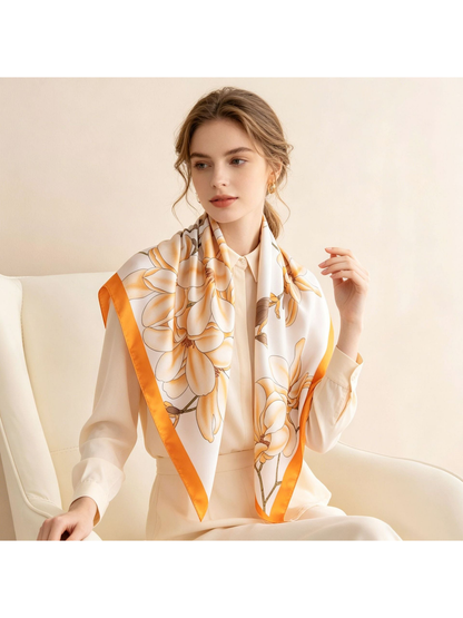 Orange-bordered floral square scarf styled over a cream blouse