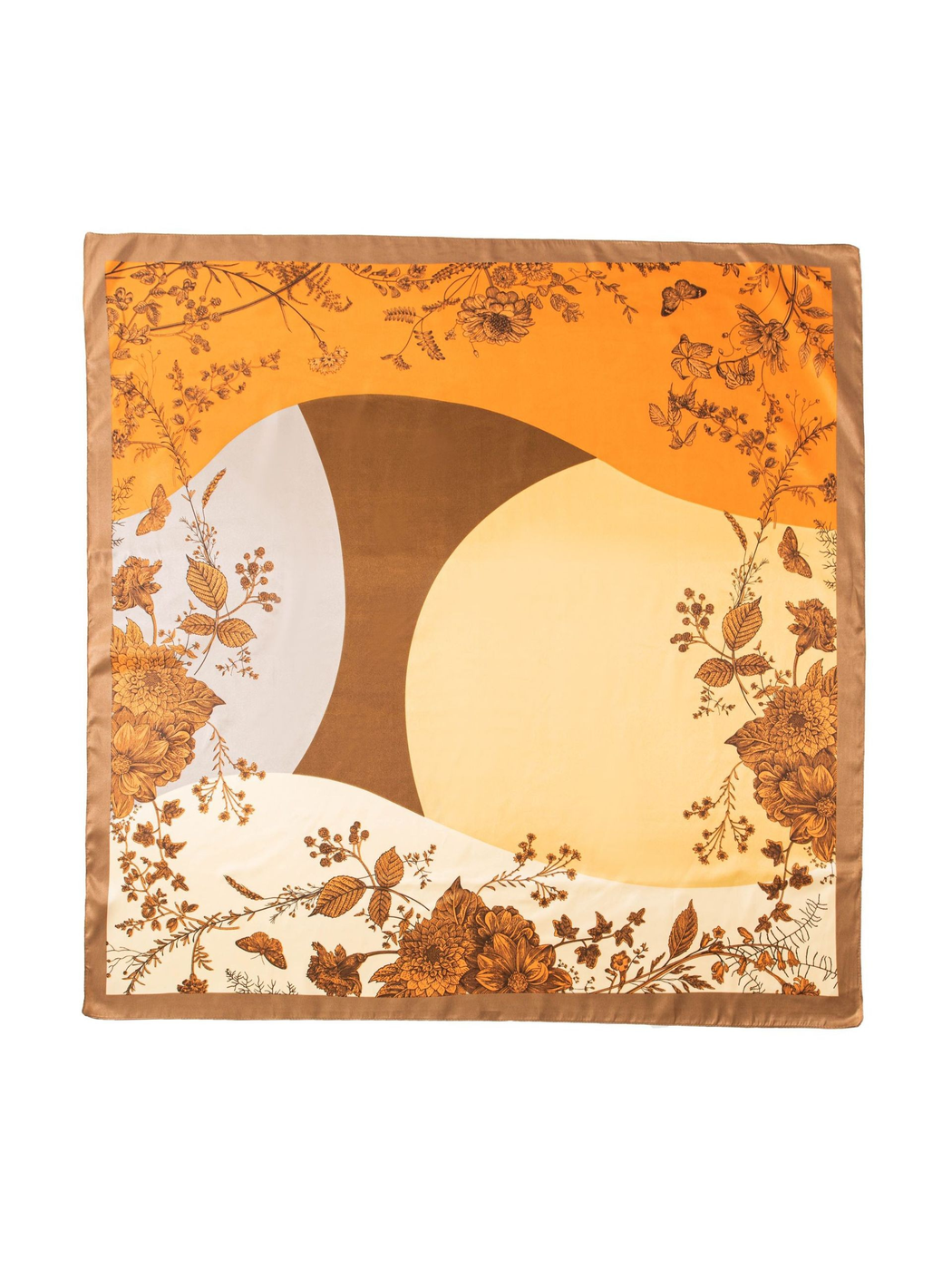 Orange, cream, yellow and brown square scarf with botanical and butterfly motifs