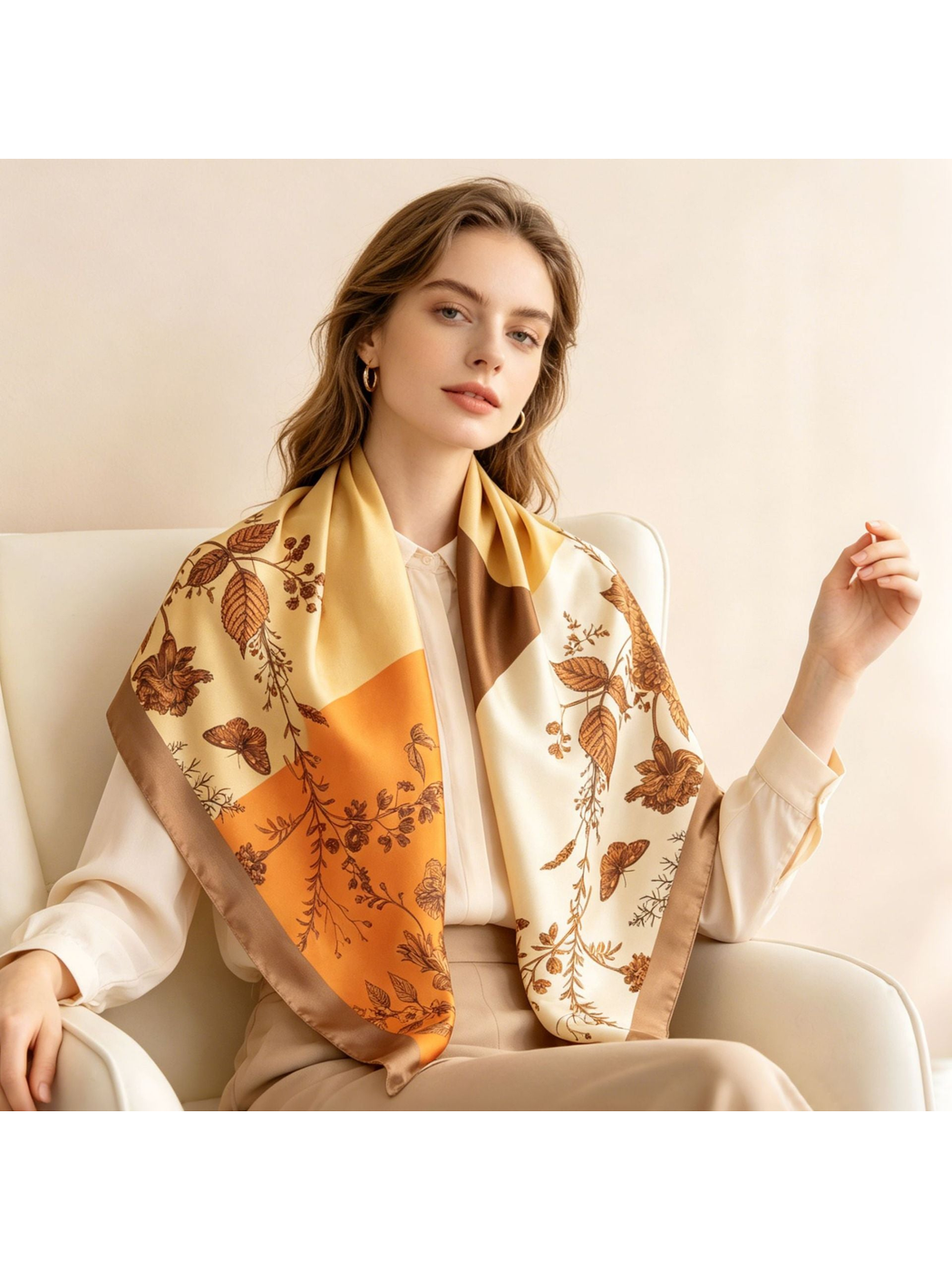 Orange, cream and brown botanical scarf styled over the shoulders