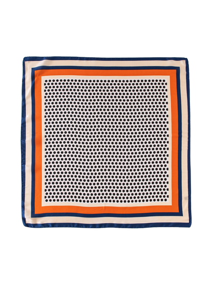 Square scarf with black polka dots and orange, ivory, and navy borders, flat view