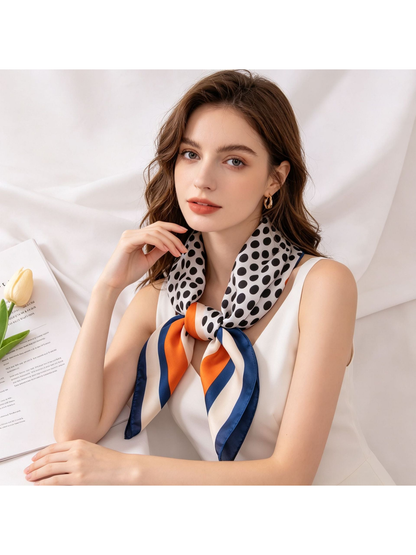 Polka-dot square scarf with orange and navy borders worn around the neck