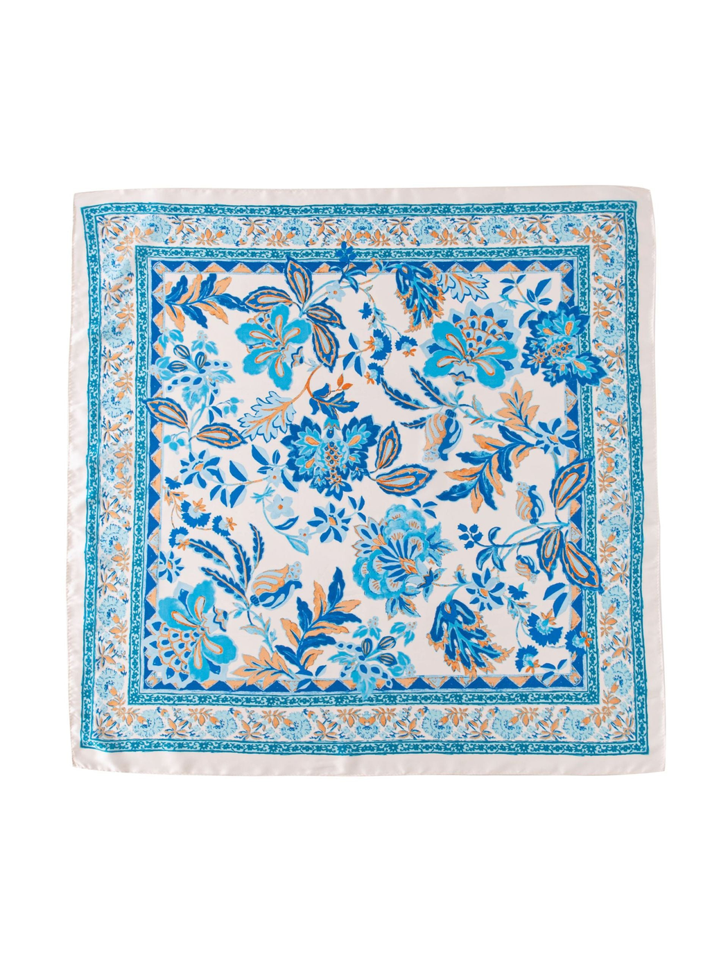 Blue, white and peach floral square scarf with ornamental border