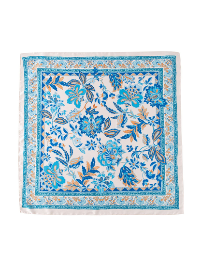 Blue, white and peach floral square scarf with ornamental border