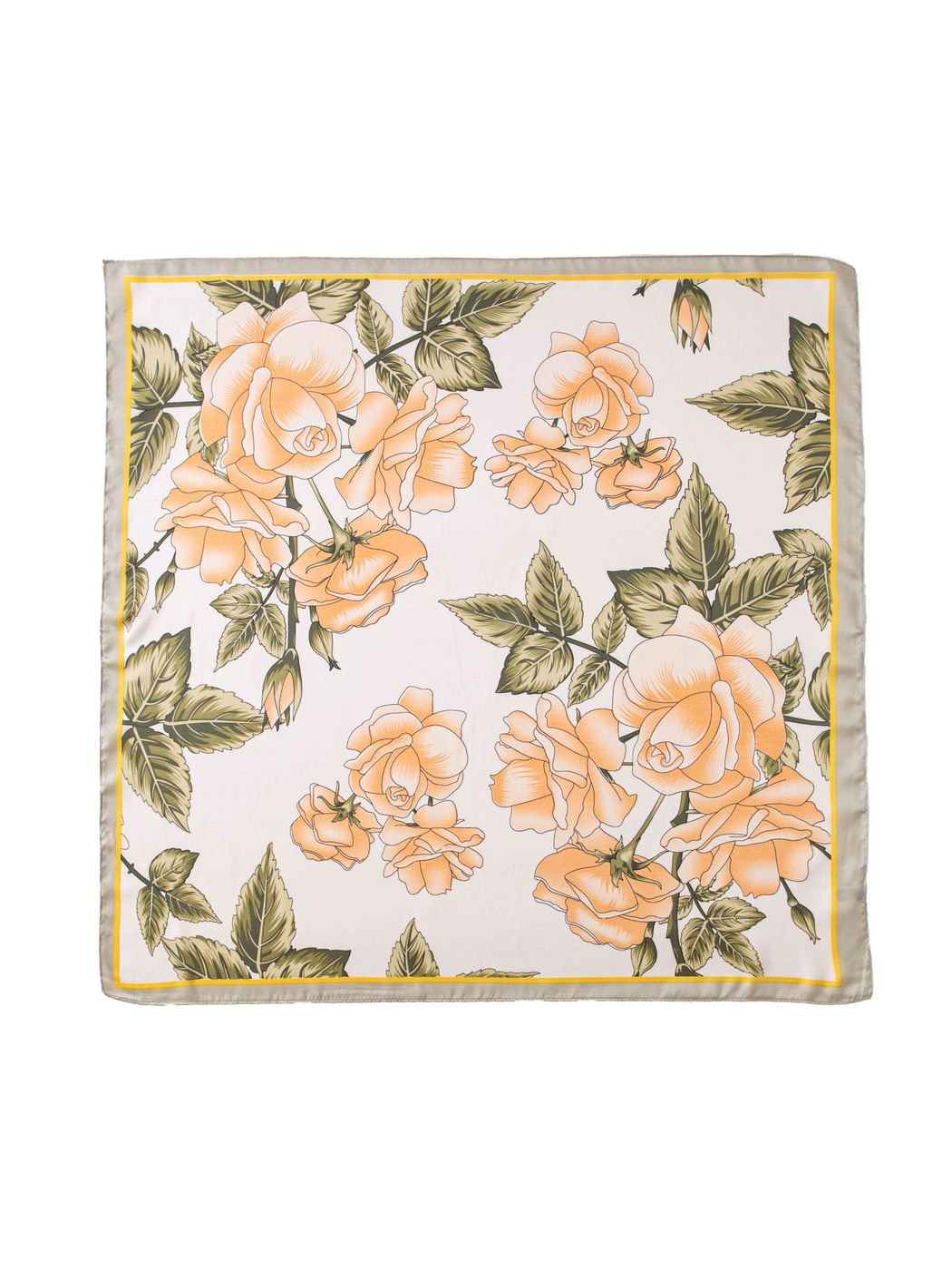 Square scarf with peach roses, olive leaves and a gray border