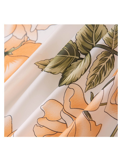 Close-up of the floral print and fine smooth-looking weave