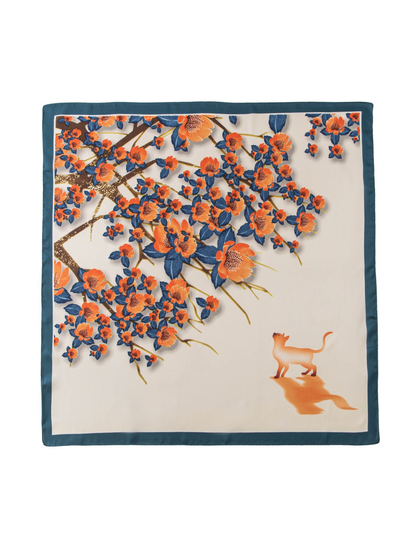 Cream square scarf with orange floral branches, navy leaves, cat motif and teal border, flat view