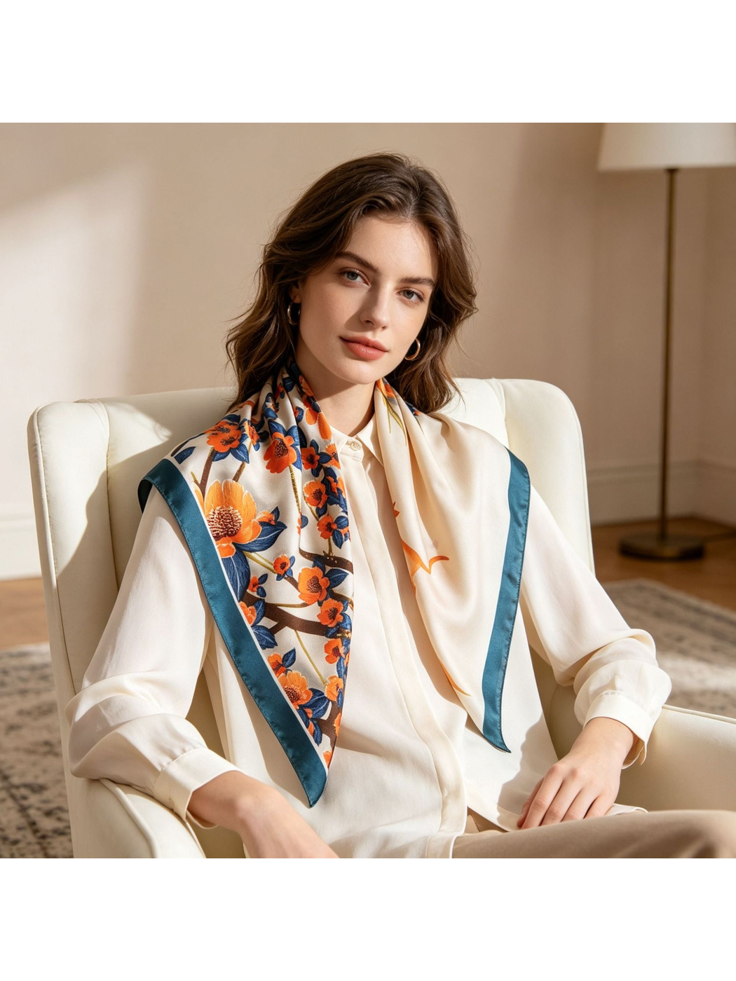 Cream floral square scarf styled around the neck in a seated indoor scene