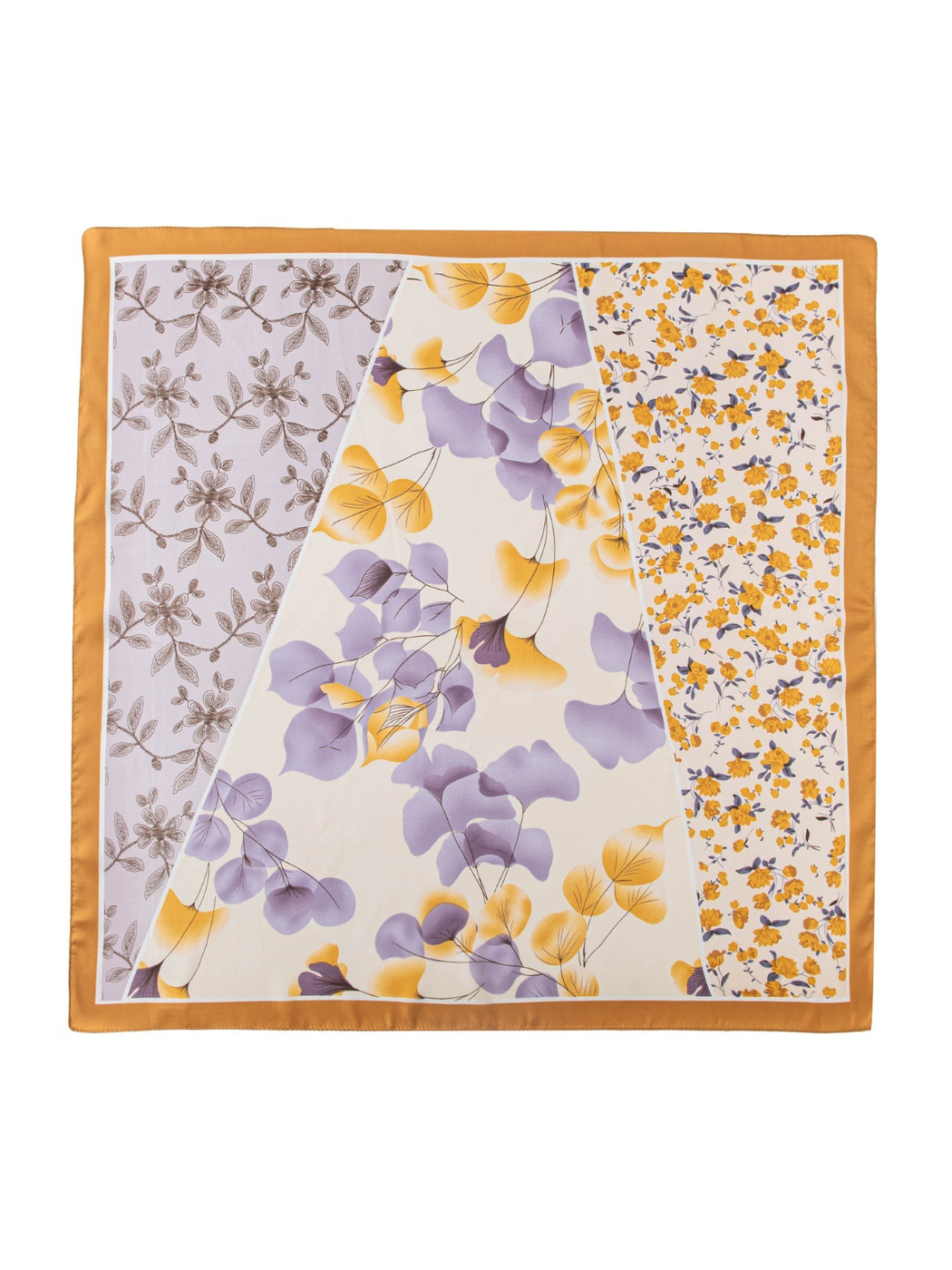 Ochre, lavender and cream floral square scarf with contrasting panels