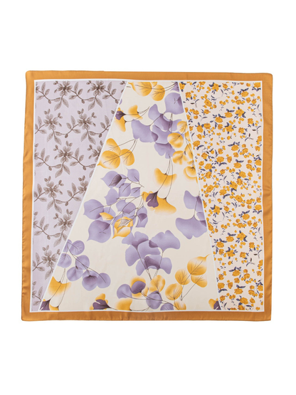 Ochre, lavender and cream floral square scarf with contrasting panels
