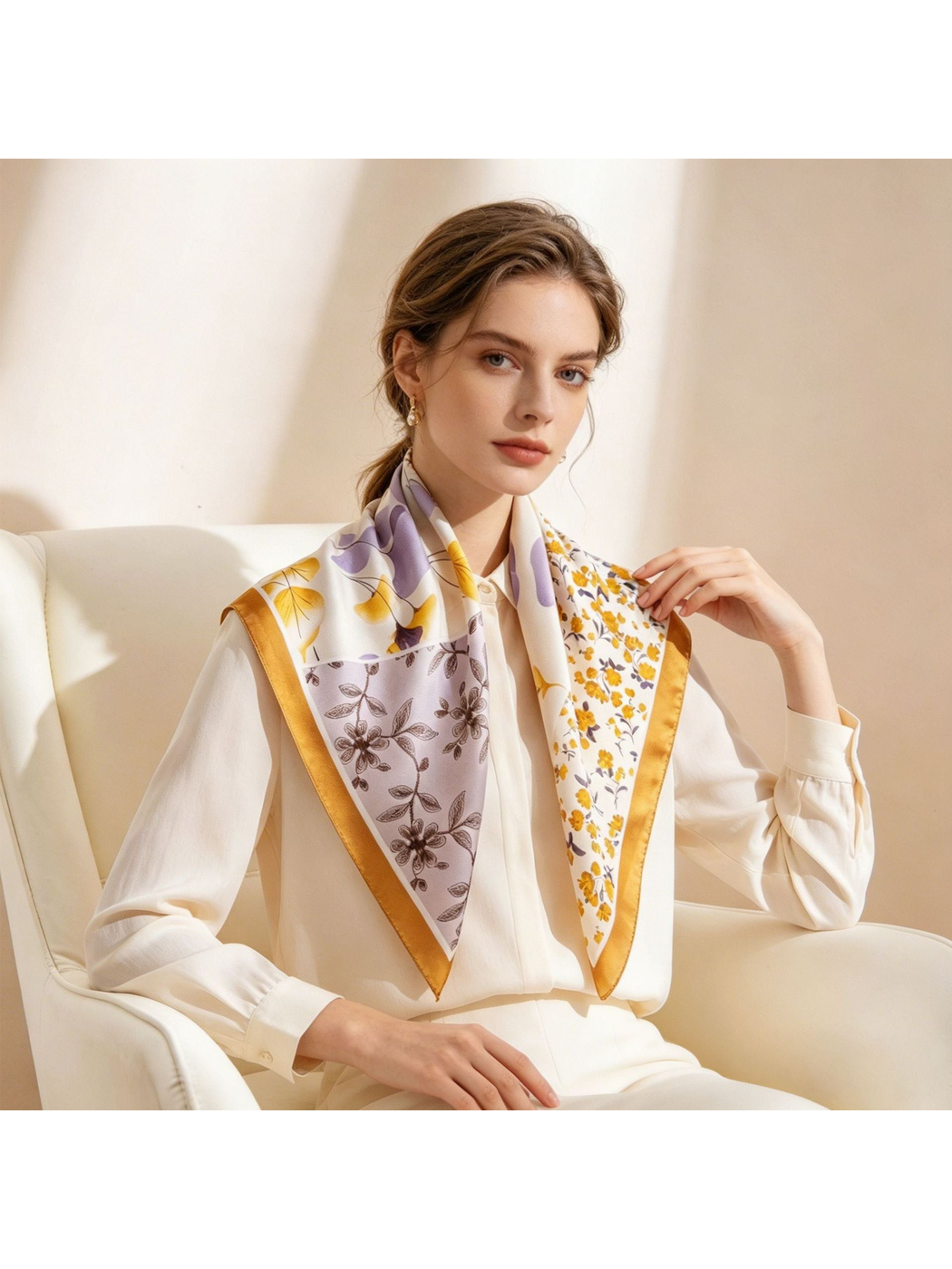 Ochre and lavender floral square scarf styled around the neck