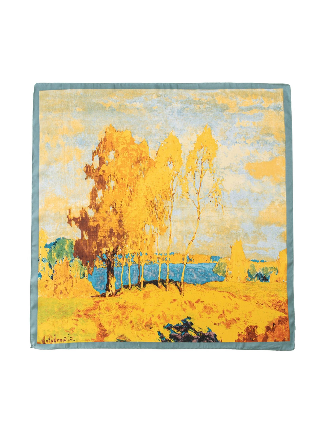 Yellow and blue square scarf with an abstract tree landscape, flat view
