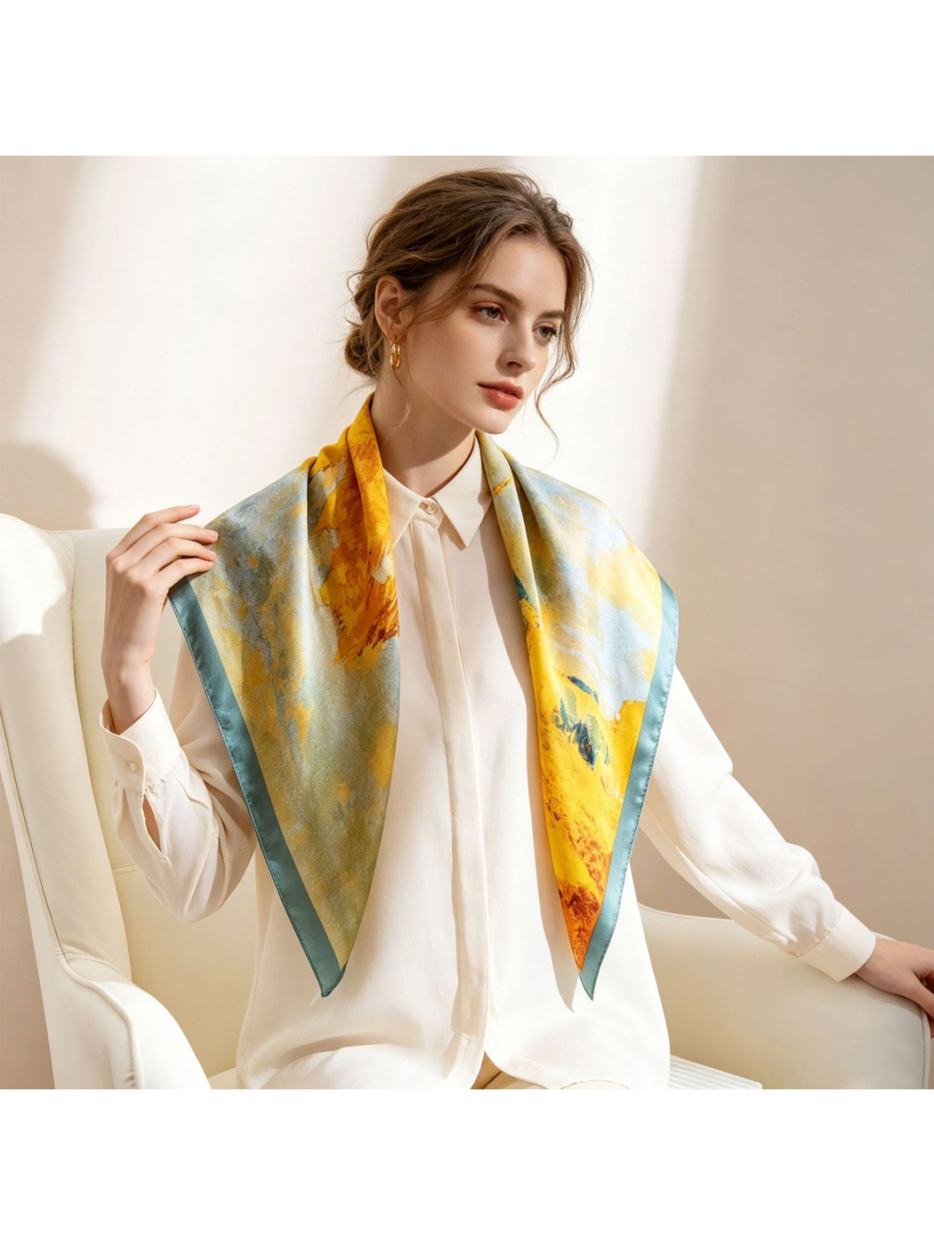 Yellow and blue abstract landscape square scarf styled over a white blouse
