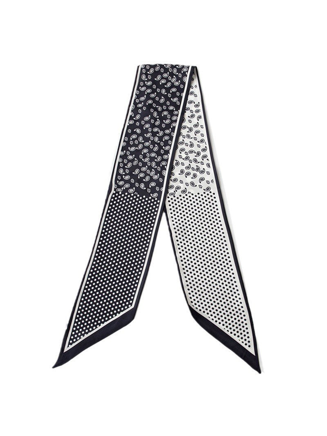 Black and white long narrow scarf with paisley and polka-dot print